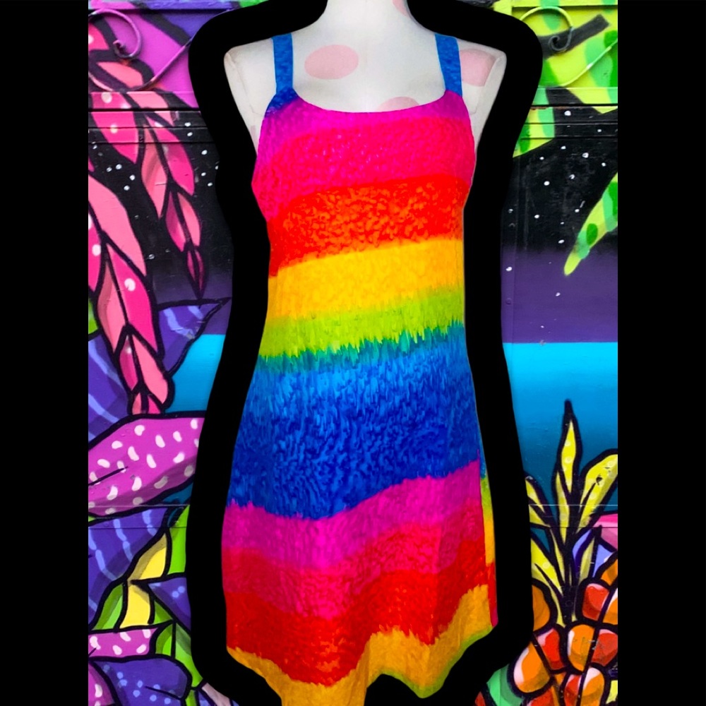 Popular Sports Vintage 80s // 90s Rainbow “Painted” Mini Dress Size Medium 🌈✨